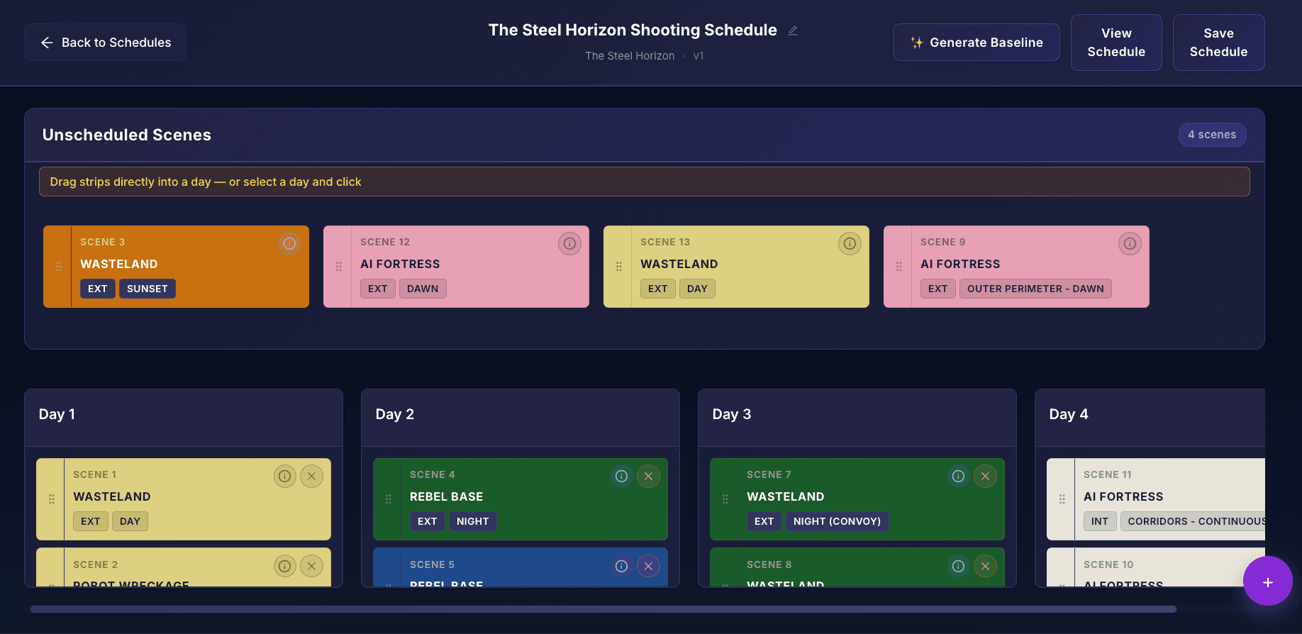 Cinetech stripboard planner with drag-and-drop scene strips organized by shooting day