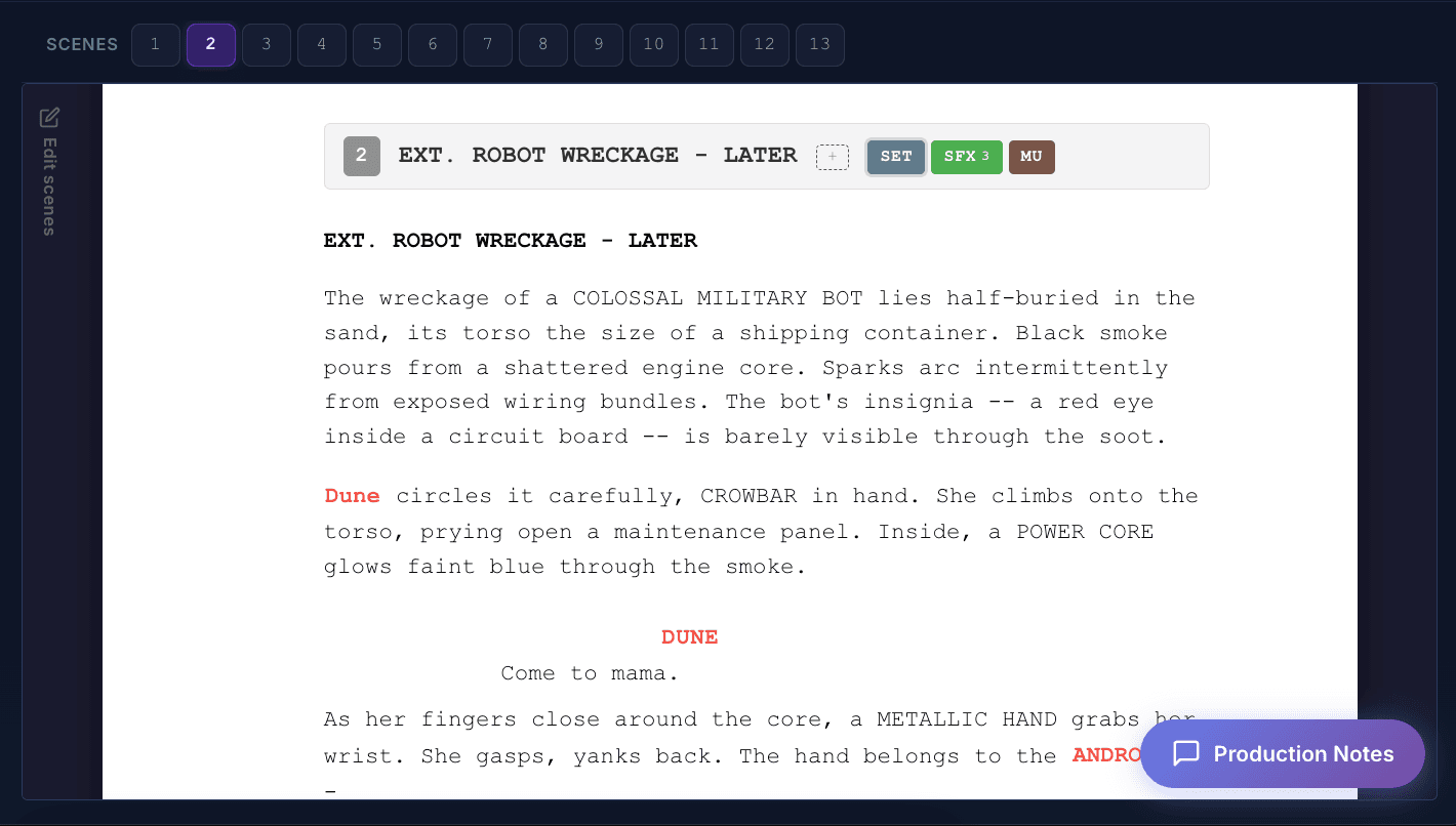 Cinetech script breakdown scene view with color-coded element tags and scene navigation