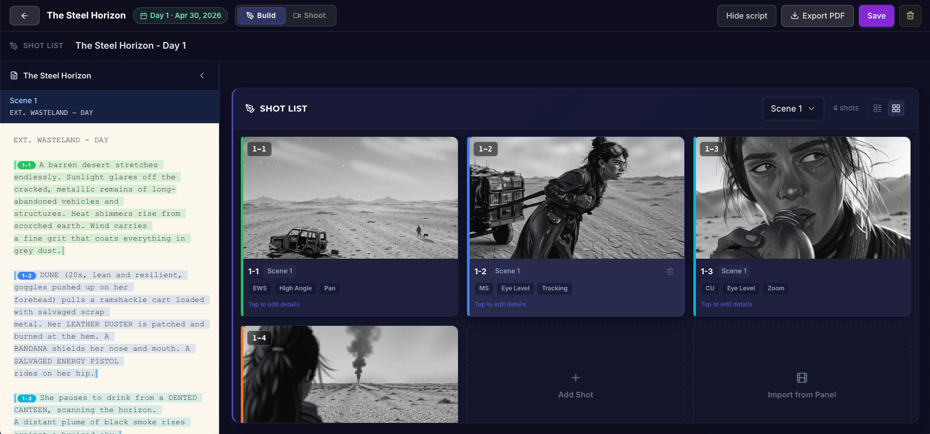 Shot list builder with lined script panel, storyboard thumbnails and shot type tags for each setup