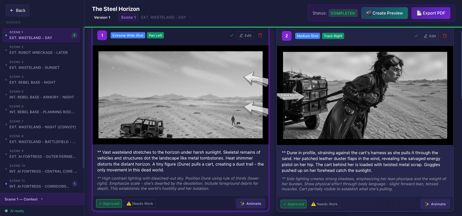 Cinetech storyboard builder showing AI-generated panels with shot type tags, camera movement arrows and Animate button